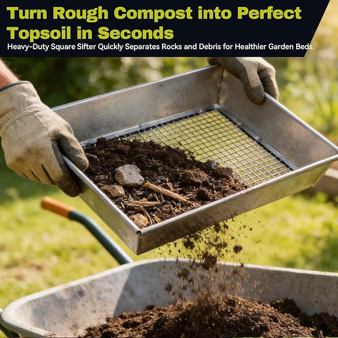 3-Pack Galvanized Iron Compost Sifter Set, 17" x 13" Soil Sifter Pan with 1/8", 1/4", 3/8" Mesh, Heavy Duty Metal Garden Sieve for Sifting Rocks, Soil, Compost and Potting Mix