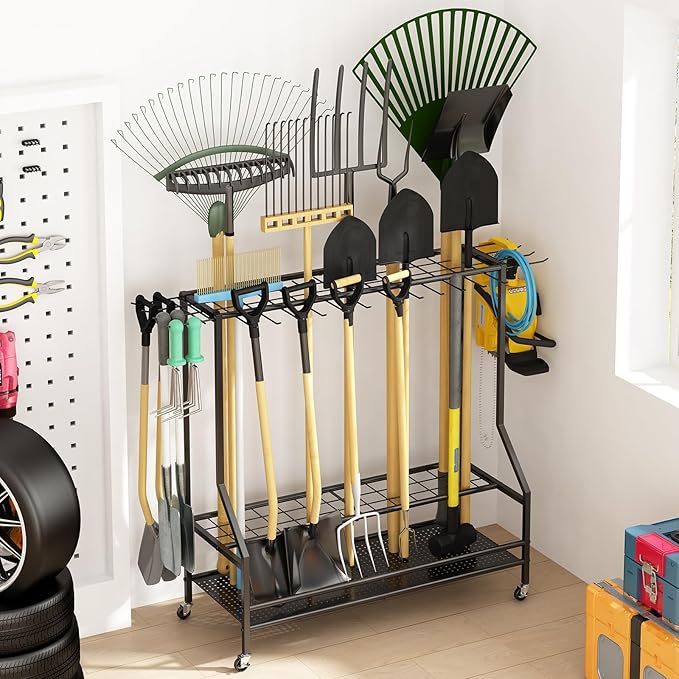 GILLAS Garden Tool Organizer for Garage, Utility Storage Racks with Hooks, Metal Yard Tool Stand Holder Organizer for Long-Handled, Broom, Shovel, Rake, Sturdy Heavy Rack for Outdoor, Yard, Black