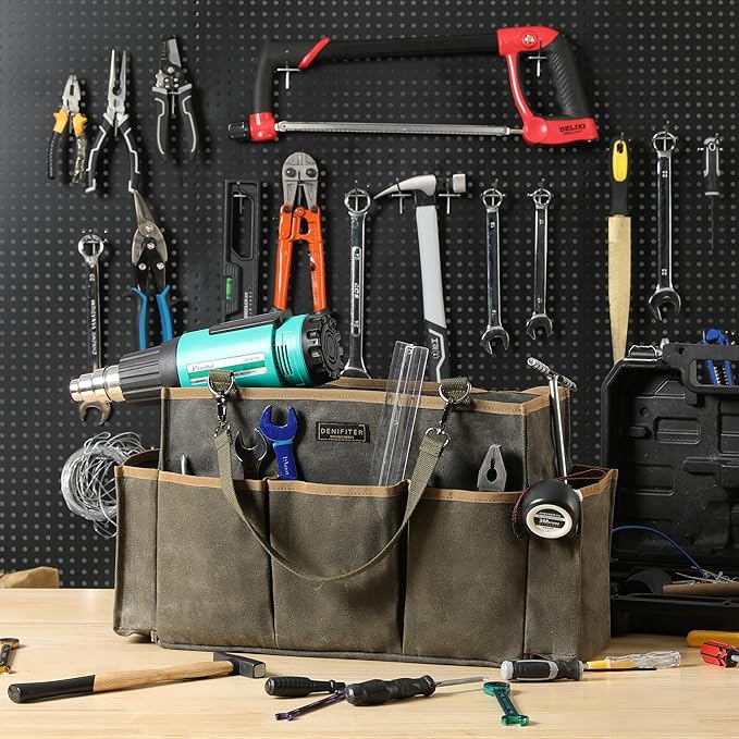 Waxed Canvas Tool Pouch,Garden Tool Bag Organizer with 8 External Pockets & Removable Handle, 15 X 9.8 X 7.8 inch Muti-Purpose Tool Bag with Adjustable Shoulder Strap | ArmyGreen