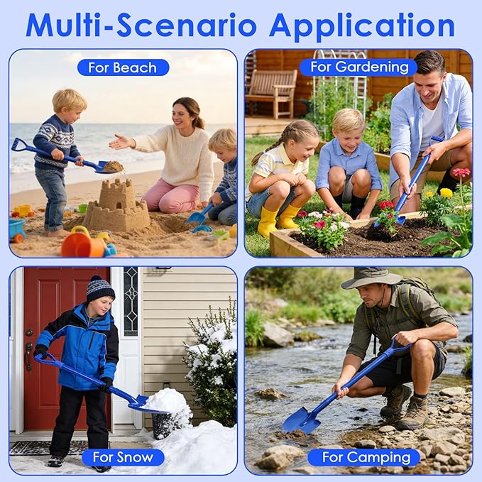 2 Pack Metal Beach Sand Shovels for Kids, 27 Inch Heavy Duty Small Shovels for Digging, Camping, Gardening, Planting, Mini Spade with D-Grip Handle, Blue