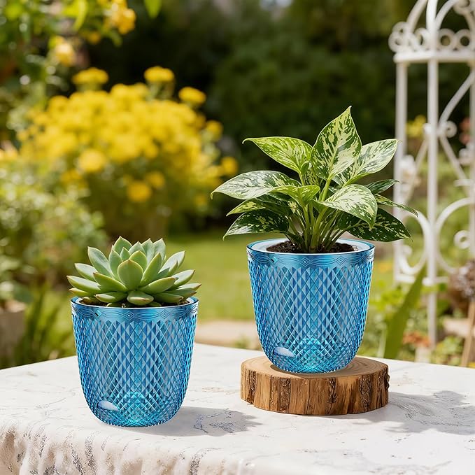 QCQHDU 2 Pack Self Watering Pots, 7.2 Inch Flower Pots with Drainage Holes and Water Filling Port, Garden Planter for Indoor Outdoor Plants (Klein Blue)