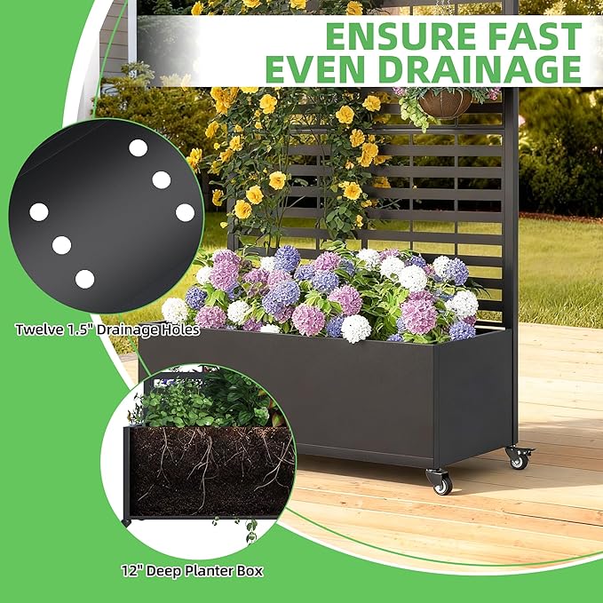 Metal Planter Box with Trellis, 73"x 35"x 16" Raised Garden Bed with Wheels and Drainage Holes, Planter with Trellis for Garden, Balcony and Patio, Black Louvered