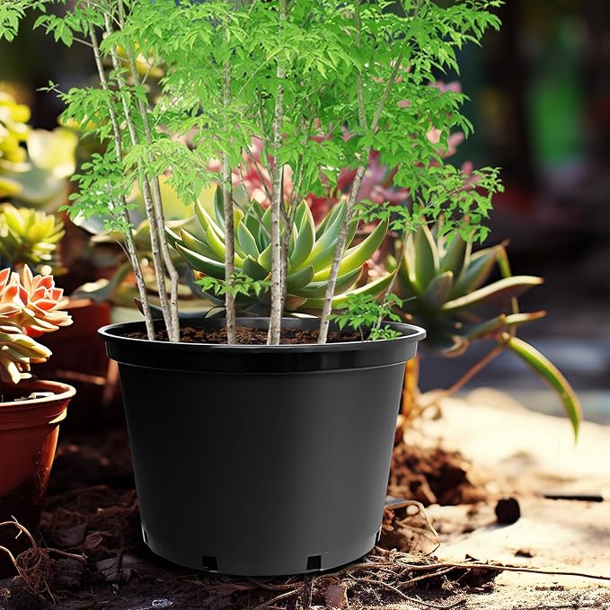 RooTrimmer 7 Gallon Plastic Nursery Pots, 15 Inch Large Plastic Pots for Plants, Round Plant Pots with Drainage Holes, Flower Pots for Outdoor Indoor Plants, Gardening Gifts for Women (5-Pack, Black)