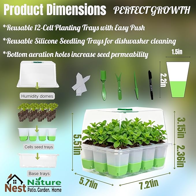Reusable 60Cell Seed Starter Trays With Humidity Dome & Lids - 60 Cells, Flexible Pop-Out Design, BPA-Free Silicone Seedling Kit for Indoor Gardening, Greenhouse Planting, Dishwasher Safe