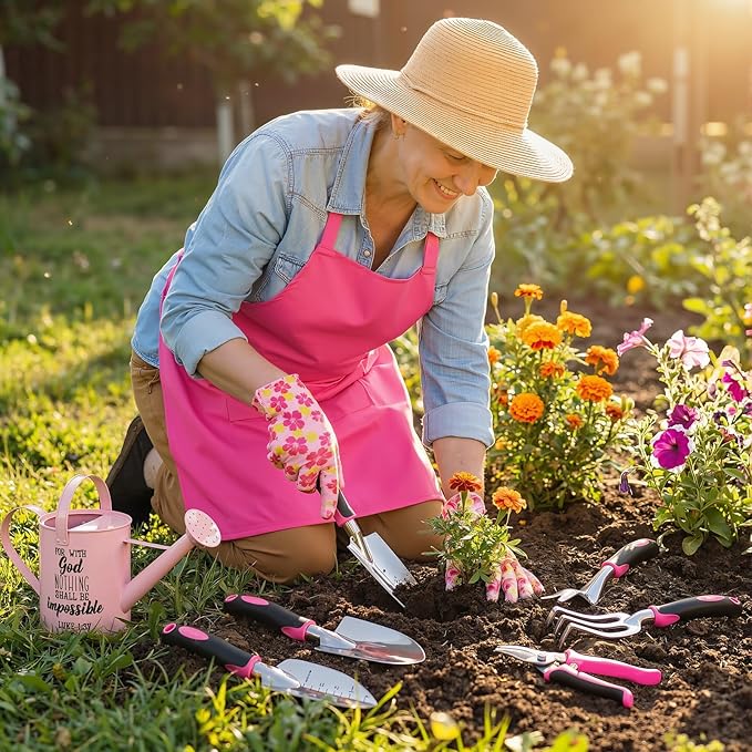 9 Pcs Garden Tools Set Gardening Gifts for Women Include 6 Heavy Duty Garden Hand Tools 1. 6L Christian Galvanized Metal Watering Can Apron Gloves Ideal Gifts for Women Mom Grandma(Pink)