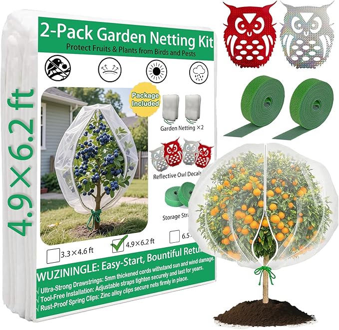 Fruit Tree Netting Cover with Drawstring, 2 Pack 4.9x6.2 ft Bird Barrier Mesh for Blueberry Bushes/Vegetables, Bonus 4 Owl Scare Tapes & 2 Fastening Straps