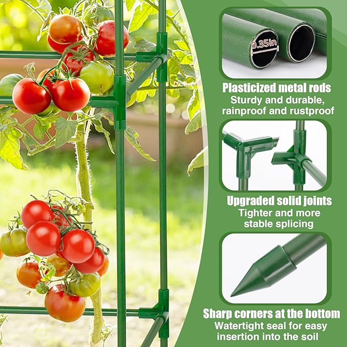 Sturdy Tomato Cage for Garden - 45x14.5x14.5in Easy to Assemble Square Tomato Plant Support Poles, Heavy Duty Metal Plant Tower Stakes Cucumber Trellis for Climbing Vegetable Flowers Fruits, 3 Pack