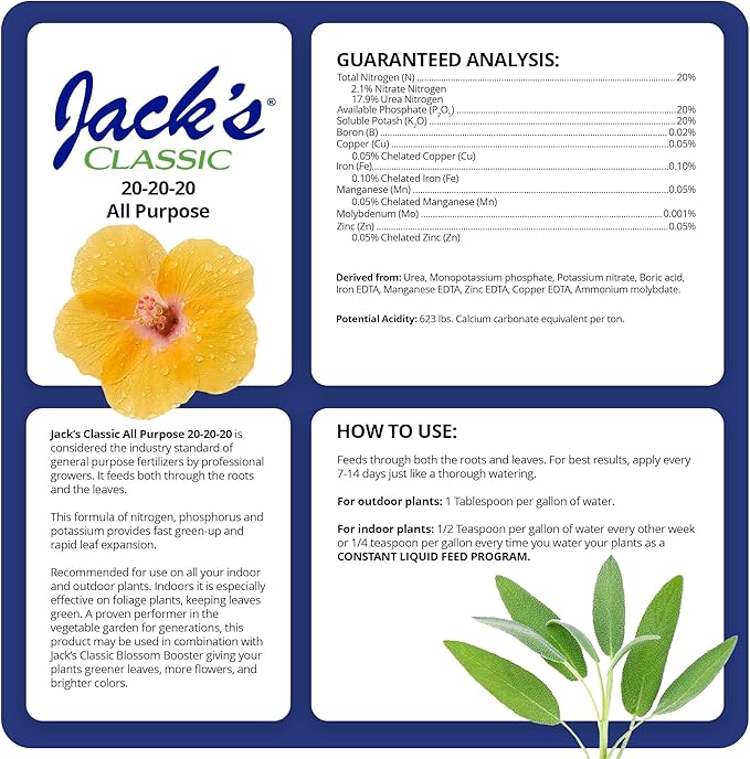 Jack's Classic 20-20-20 All Purpose Water-Soluble Fertilizer with Micronutrients to Provide General Growth on All Plants, 8oz