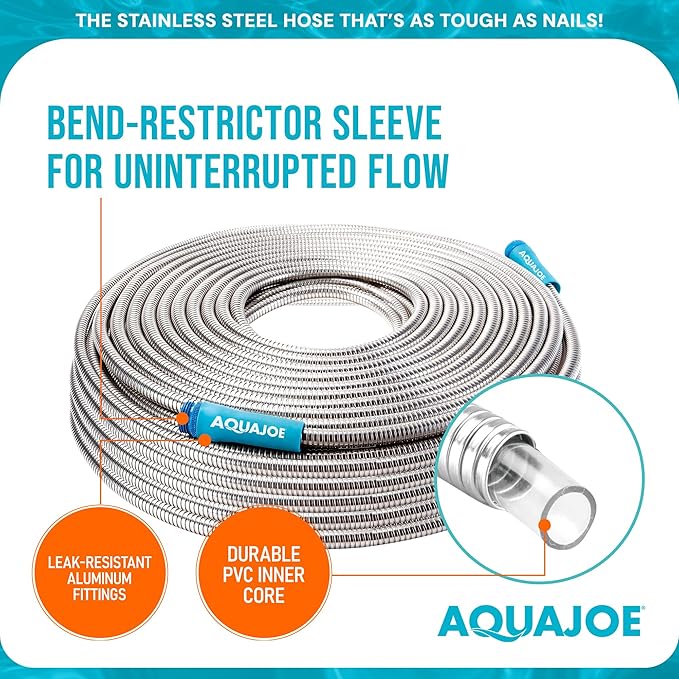Aqua Joe AJSGH100 1/2-Inch Heavy-Duty, Puncture Proof Kink-Free, Spiral Constructed 304-Stainless Steel Metal, Garden Hose, 100-Foot