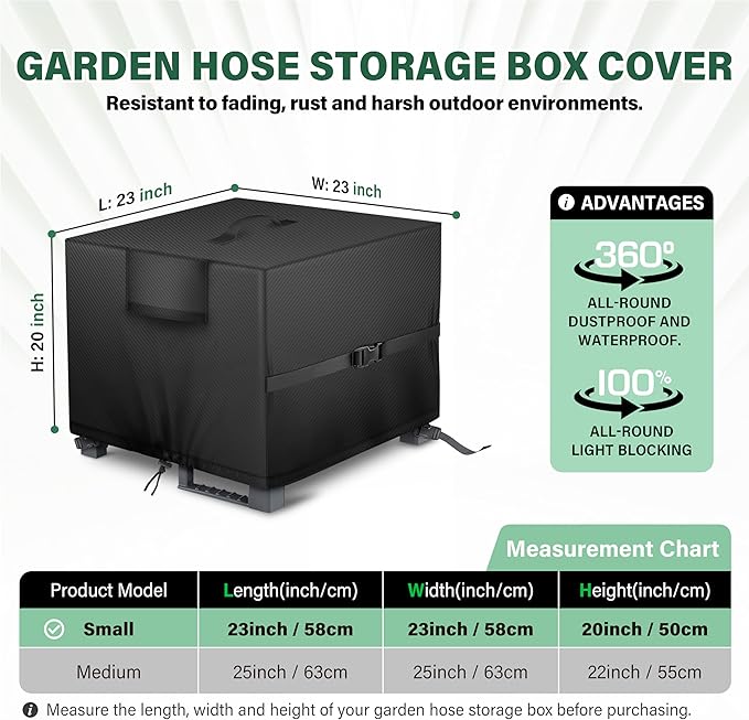 Garden Hose Storage Box Cover – Weather-Resistant Protective Cover for Outdoor Hose & Storage Box, Protects Against Sunlight, Rain, Snow, Sandstorms – Black