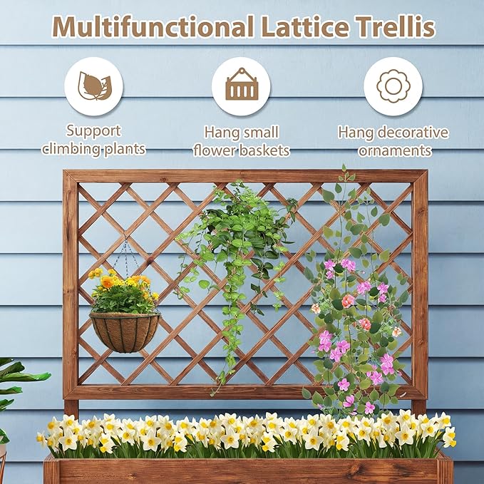 Giantex Raised Garden Bed with Trellis, 39”x14”x40” Wood Elevated Planter Box w/Drainage Hole for Climbing Vine Flower Herb Vegetable Fruit, Planting Container for Indoor Outdoor Patio Balcony