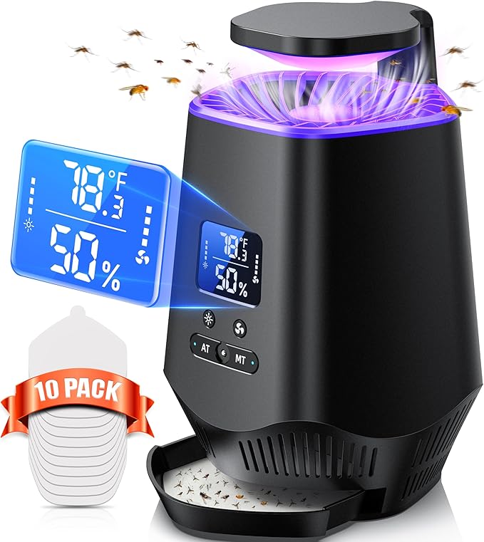 Fruit Fly Traps for Indoors, Smart Fly Trap Indoor Bug Zapper Gnat Traps for House Indoor with Temperature and Humidity Sensor, 10PCS Sticky Boards Black 02