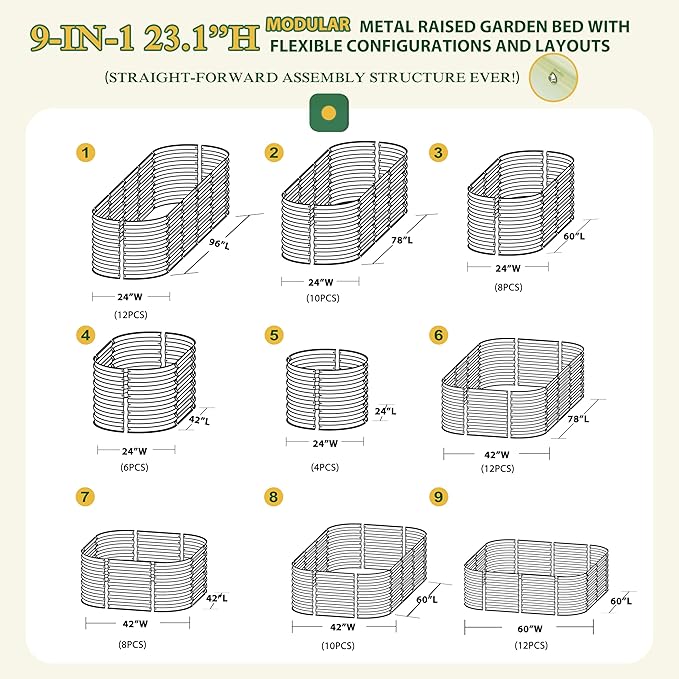 BlueWish 8x2x2FT Raised Garden Bed, 23.1" H Raised Garden Beds with 2 Aluminum Support Rods, Galvanized Steel, Rubber Strips, 9-in-1 Planter Raised Beds for Vegetable, Flower, Herbs, Beige