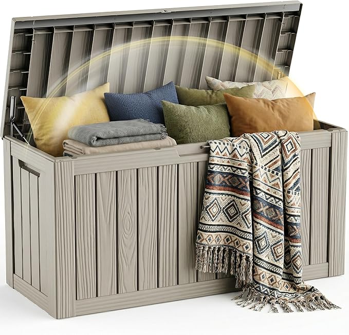 EFU Outdoor Storage Box 80 Gallon Deck Box (Indoor & Outdoor) Lockable UV Resistance Waterproof Resin Storage Bin Storage Box for Outdoor,Patio Storage With Support Rod(Taupe)