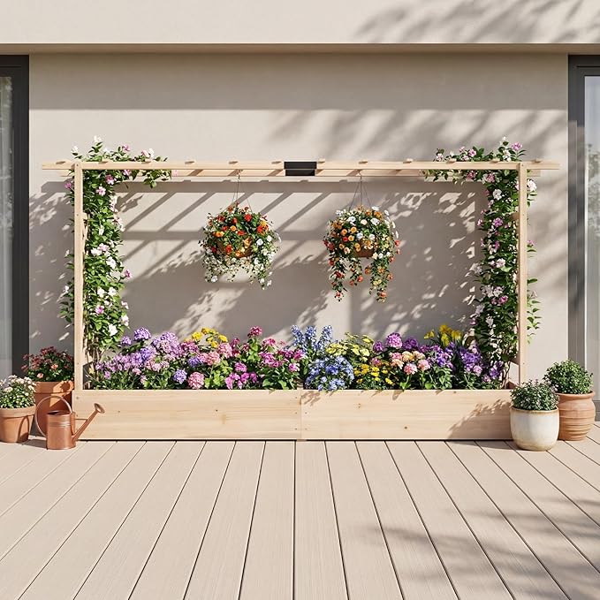 HAPPYGRILL Raised Garden Bed with Trellis, 2 Freestanding 45" Wood Planter Box w/Hanging Roof & 8 Drainage Holes for Vine Climbing Plants Flowers, Outdoor Wood Elevated Garden Bed for Patio Yard