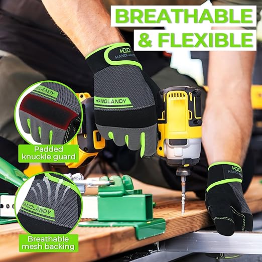 HANDLANDY Work Gloves Mens & Women, Utility Safety Mechanic Working Gloves Touch Screen, Flexible Breathable Yard Work Gloves (Extra Large, Green)