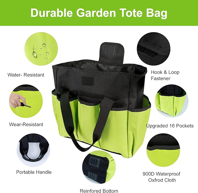 Portable Garden Tool Bag with 16 Pockets & Handle, Durable Waterproof Garden Tote Bag for women & Men, 900D Heavy Duty Gardening Tool Organizer and Storage Bags for Indoor & Outdoor