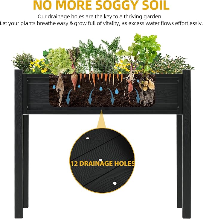 DWVO Raised Garden Bed HDPE with Legs Poly-Wood All-Weather Elevated Planter Box Outdoor with Drainage System Patio Planters for Herbs Vegetables Flowers Plant Bed for Garden Balcony, Black
