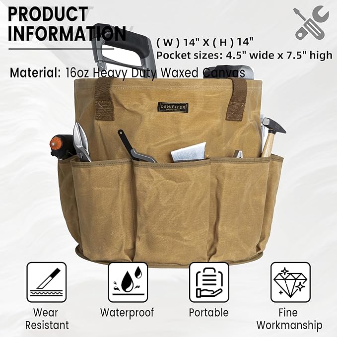 Heavy-Duty 16oz Waxed Canvas Garden Tool Tote with Handle, Wide-Mouth Open Top Design 14 inch Tool Bag | Khaki