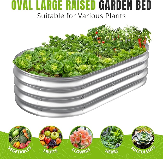 Sponvatt Raised Garden Bed - Outdoor Galvanized Raised Garden Bed Planter Boxes, Large Oval Metal for Gardening Planter Box Kit,Suitable for Vegetables,Herbs, and Flowers Silver (8x4x1 Ft)