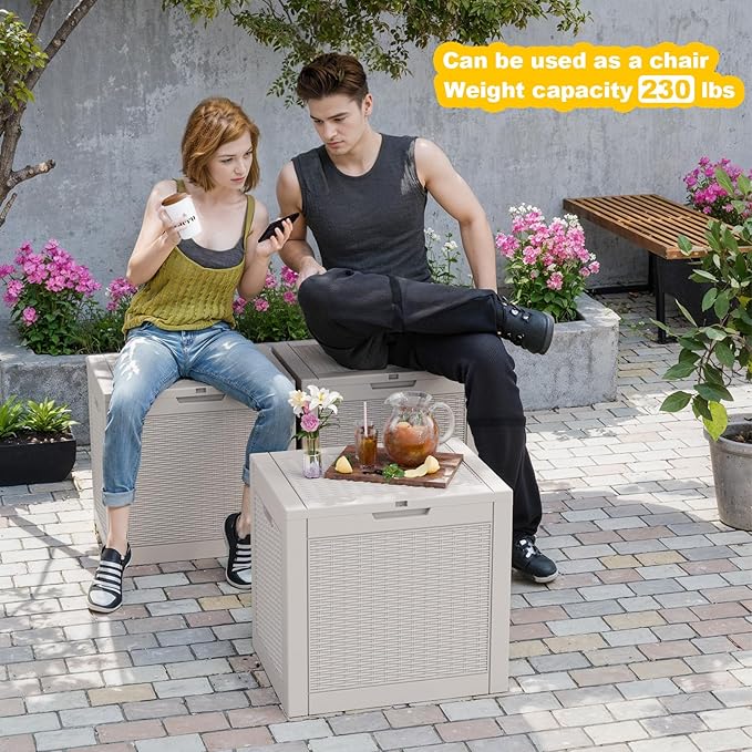 31 Gallon Wicker Pattern Resin Deck Box, Lockable Patio Outdoor Storage Box for Furniture, Garden Tools and Tools Storage, Waterproof Outside Storage Box (Grey)