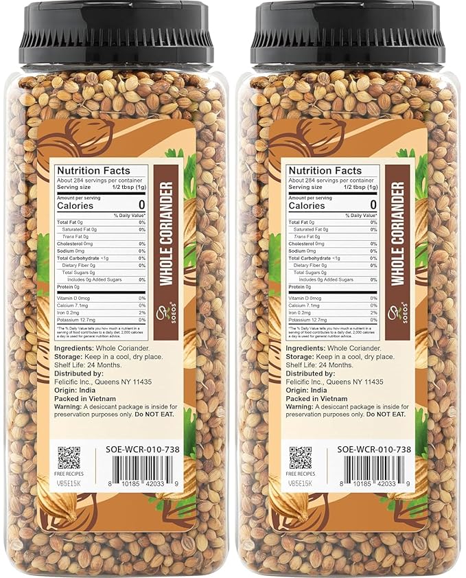 Soeos Coriander Seeds, 20 Oz (568g), Whole Coriander, Fresh Aromatic Coriander Seed for Cooking, Versatile Corianders Spice for Kitchen (Pack Of 2)