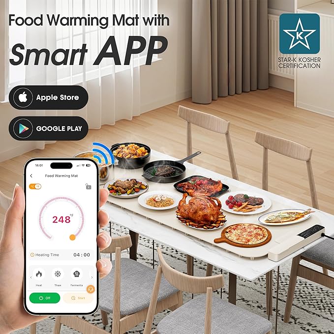Vabaso Extra Large Food Warming Mat with APP, 37"x15" DIY Temperature & Timer Settings, Heats in 5s, Electric Warming Tray with Child Safety Lock, Warming Mat for Food & Countertop - Kosher Certified