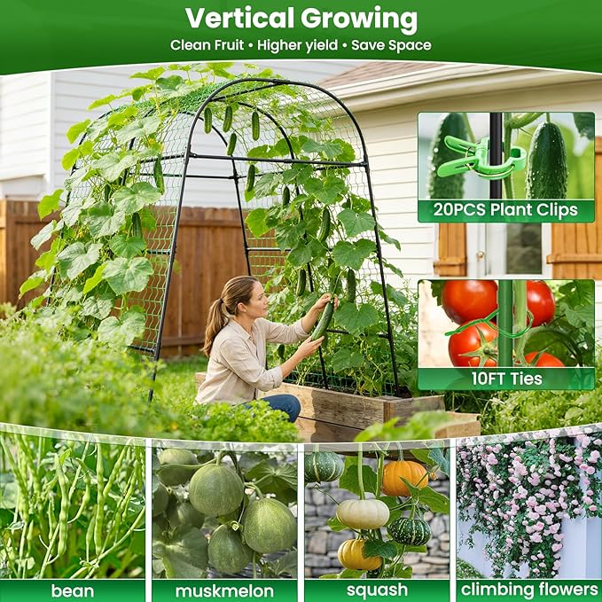 7.2FT Garden Arch Trellis for Climbing Plants, Heavy Duty 66" Wide Walk-Through Metal Arch with Netting, Wind-Resistant Vertical Garden Support for Cucumbers, Roses, Beans, Squash (65" Arch)