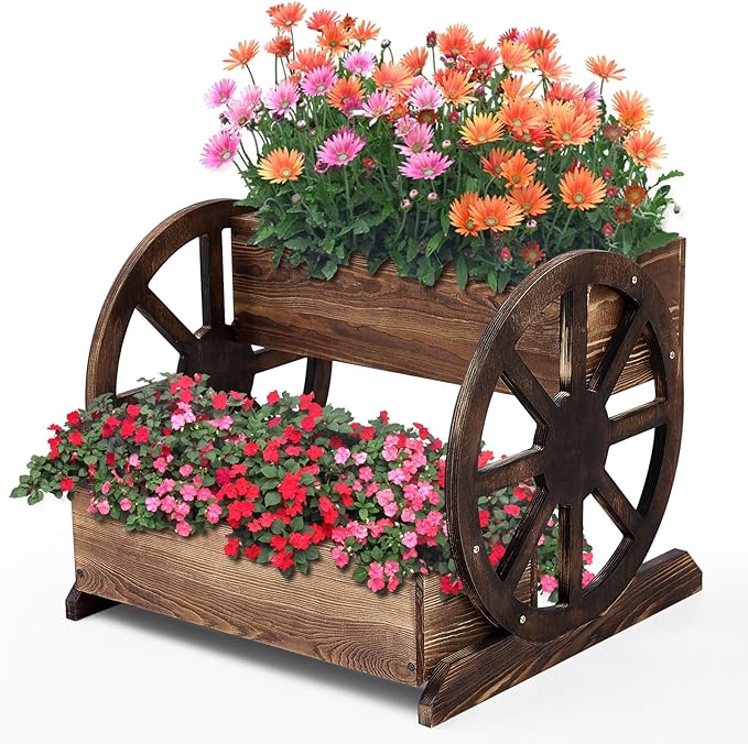 Wooden Wagon Planter Box Decorative Wooden Cart Rustic Flower Pot Garden Wagon Decor with Wheels for Indoor Outdoor Patio Garden Balcony Backyard Decoration (1 Pcs,Unmovable Carriage Style)