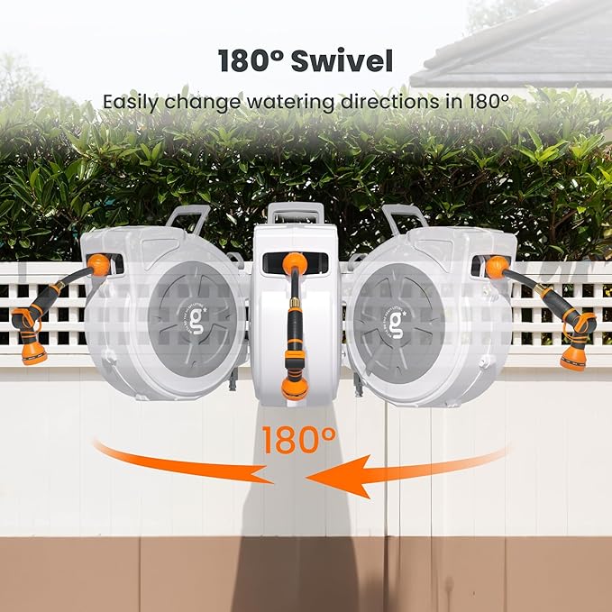 Giraffe Tools Retractable Hose Reel 1/2" x 65 ft Heavy Duty Water Hose Reel, Swivel Bracket, Any Length Lock, with 9-Function Sprayer Nozzle