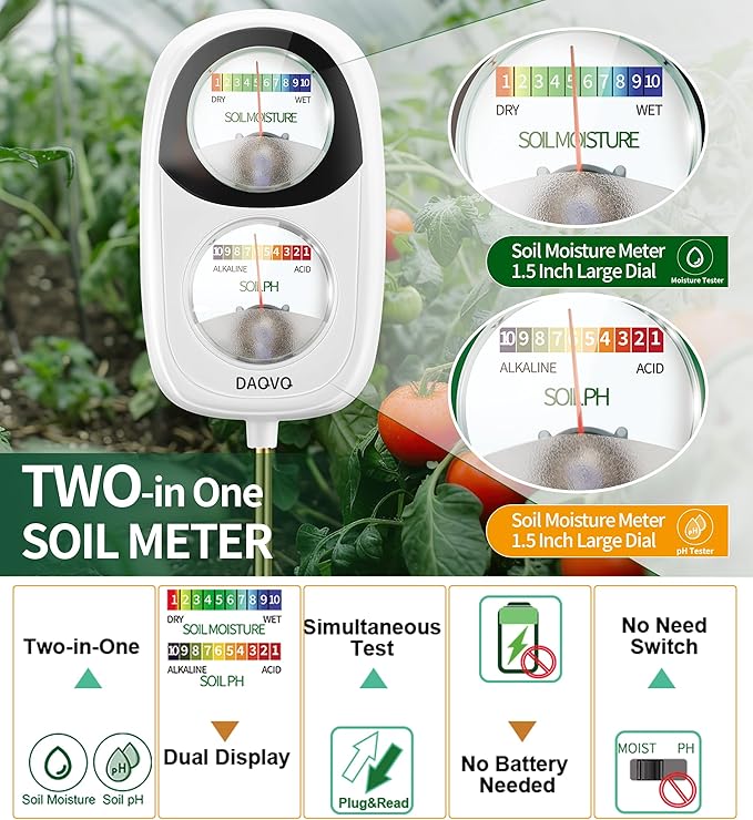 2-in-1 Moisture Meter for Plants, Soil Moisture Meter & PH Tester, Large Dual-Screen Soil Test Kit, Essential Garden Tools for Indoor/Outdoor Garden, Lawn, Farm, No Battery Needed