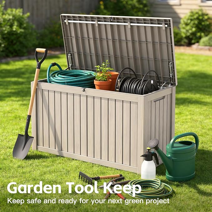 Mars Villa 150 Gallon Outdoor Storage Box, Resin Deck Box Waterproof for Patio Furniture Cushions, Pool Supplies, Gardening Tools, Weatherproof and UV Resistant, Greige