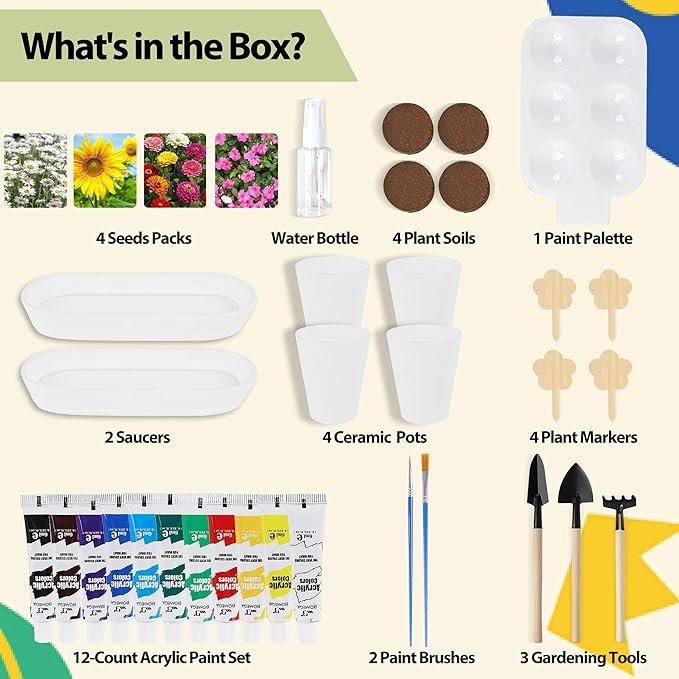 Paint & Plant Flower Growing Kit, Complete Gardening Set with 4 Ceramic Pots, Soils, Seeds and Other Tools, Ideal for Educational Arts and Crafts DIY Gift