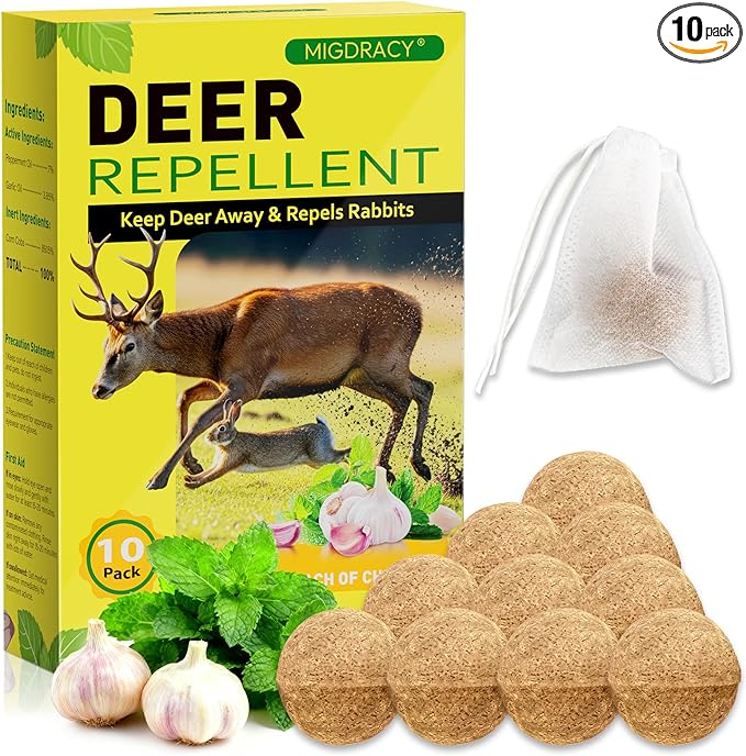 Deer & Rabbit Repellent Balls, 10 Pack Natural Plant-Based Formula with Peppermint & Garlic Oils, Long-Lasting Outdoor Animal Deterrent, Non-Woven Drawstring Pouches for Yard, Garden & Plants