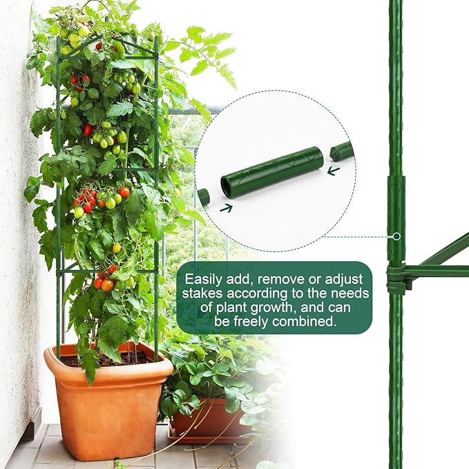 6 Pack Tomato Cages for Garden Plant Support Up to 48 Inches Assembled Vegetable Plant Cages Stakes Support Trellis with Clips and Twist Tie for Vertical Climbing Plants Flowers Fruit, Green