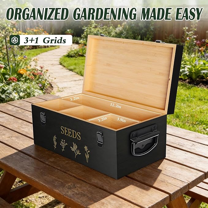Bamboo Seed Storage Organizer, Large Garden Seed Organizer with Lid & Safety Lock & Handles, Seed Box Includes Seed Envelopes and Labels etc, Great Gifts Gardening Kit (Black)