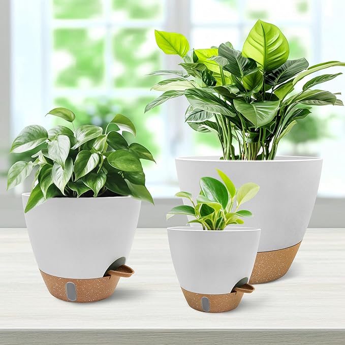 MNKXL 12"/10"/9"/8" Self Watering Pots with Visual Water Window,Extra Large Self Watering Plant Pots with Drainage Holes & Saucers,White Planters for Indoor Plants,4-Pack