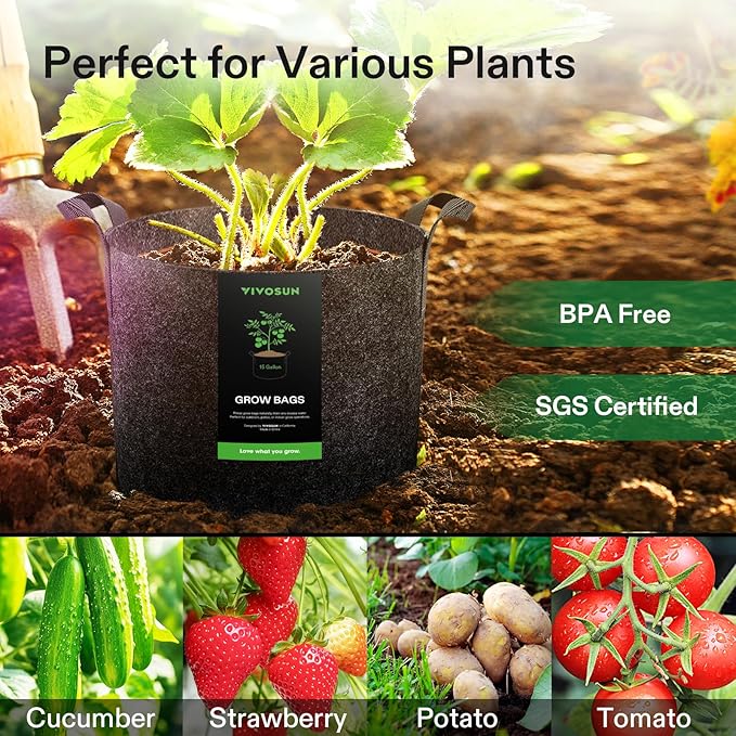 VIVOSUN 10-Pack 15 Gallon Grow Bags, Reinforced Planter Fabric Pots for Gardening Black