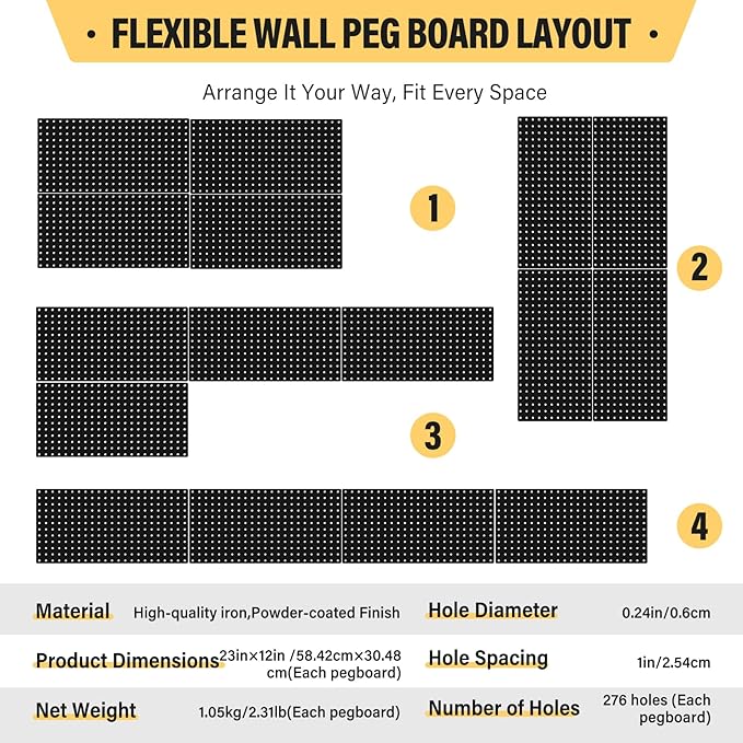 DEWEL Peg Board, 23" x 12" Metal Pegboard Wall Organizer Kit, 4 Pack Pegboard Panels with 20 Hooks,Black Pegboard Tool Wall Organizer System for Garage and Garden(4pcs black