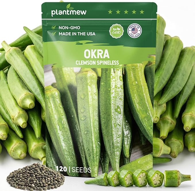 Clemson Spineless Okra Seeds for Planting, 120 Non-GMO Heirloom Seeds — Heat-Tolerant & High-Yielding, Fast Growing Vegetable Seeds for Outdoor Gardens
