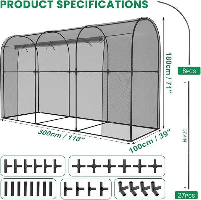 SUNYRISY Garden Plant Netting Crop Cage for Garden Raised Bed, 9.8 x 3.3 x 6 Ft Plant Cover Cage Protectors from Animal for Outdoor Plants with Frame and Zippered Door, Black