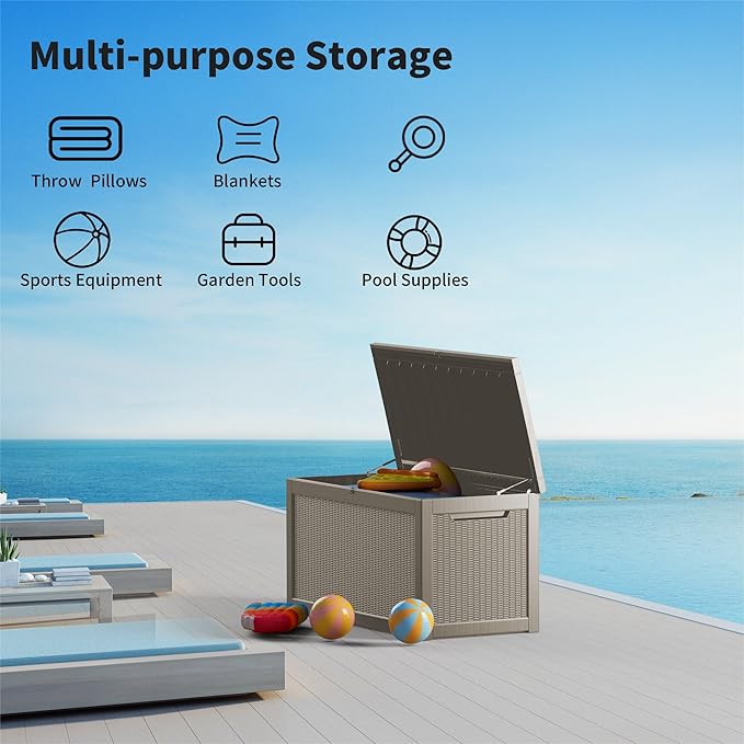 Outdoor Storage Box Waterproof, 320 Gallon Lockable Resin Deck Box, Patio Storage Bin for Pool Accessories Cushion Furniture, Garden Tools, UV-Resistant Outside Delivery Grey