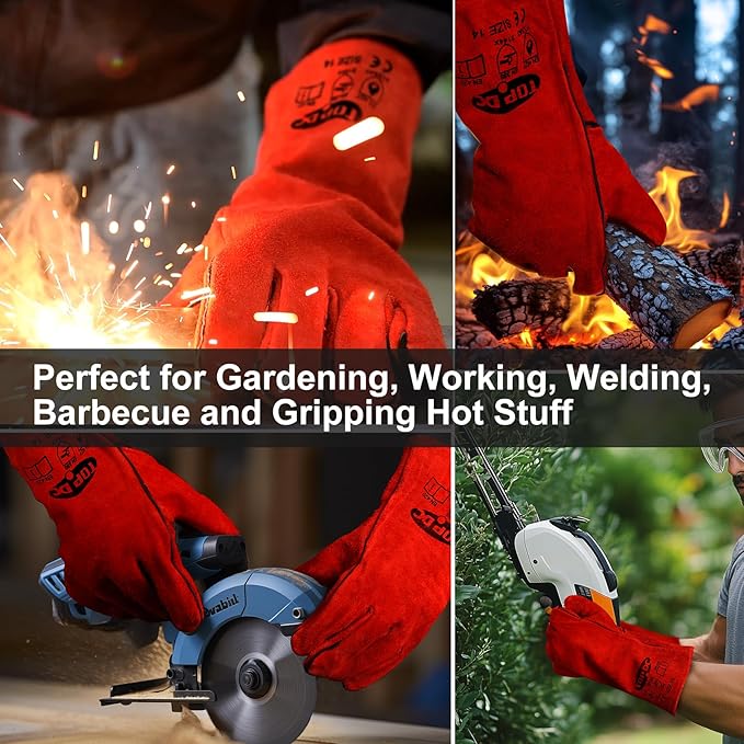 TOPDC Welding Gloves 14 Inches Fire/Heat Resistant Leather For Mig,Tig,Stick,Forge,BBQ,Grill, Fireplace,Wood Stove, Furnace,Pot,Oven (14 Inch-Red)