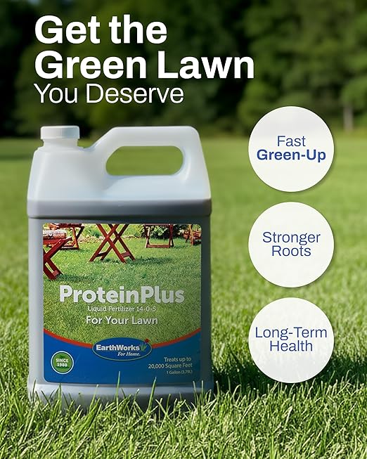 EarthWorks ProteinPlus Organic Liquid Fertilizer, Green Up Lawn Food with Essential Nutrients (Nitrogen, Carbon, Iron & Zinc), All Grass Types, Foil Spray Backpack or Hose End Applicators, 1 Gallon