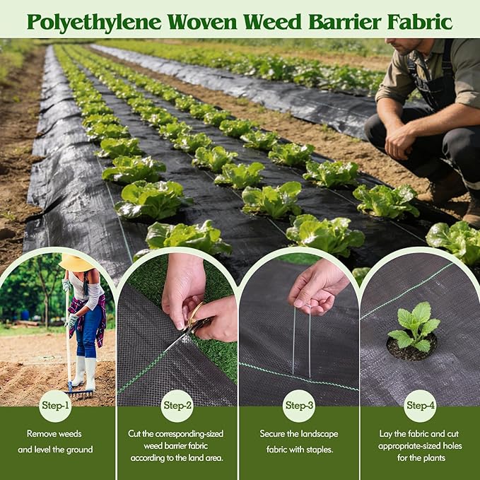 HongWay 6FT x 100FT Weed Barrier Landscape Fabric, Weed Control Weed Blocker Fabric Heavy Duty with 40 U-Shaped Stakes, Ground Garden Bed Cover Woven Geotextile Fabric for Underlayment, Driveway