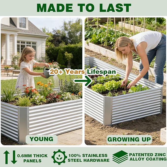 4 Pcs 8 x 4 FT Galvanized Steel Raised Garden Bed, Outdoor Planter Box for Easy DIY & Clean - Large Metal Garden Beds for Backyards, Terraces & Balconies