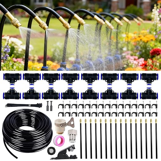 360° Adjustable Drip Irrigation System - 50FT 15/32inch Hose, High Water Flow，No Drying Out，Garden Watering Atomizing System with 16 Copper Nozzles，Suitable for Gardens, patios, Plants, Farms