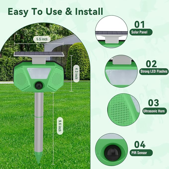 Solar Ultrasonic Animal Repeller, Cat Repellent Outdoor with Motion Sensor, LED Flashing, Waterproof Deer Repellent for Dogs, Cat, Bird, Squirrels, Raccoon, Rabbit, Fox