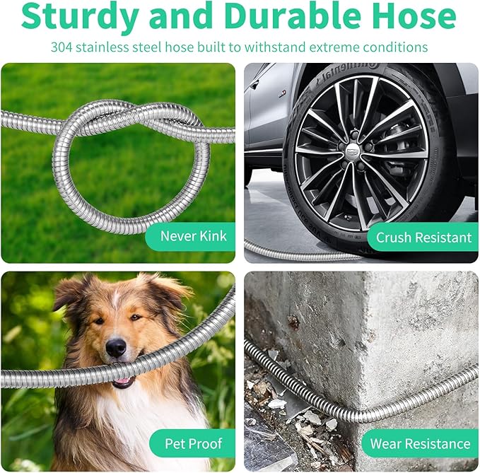 50ft Water Hose, Heavy Duty Stainless Steel Garden Hose with 10 Function Nozzle, Lightweight Metal Hose, No Kink, Leak-proof, Puncture Resistant for Yard, Outdoor, RV