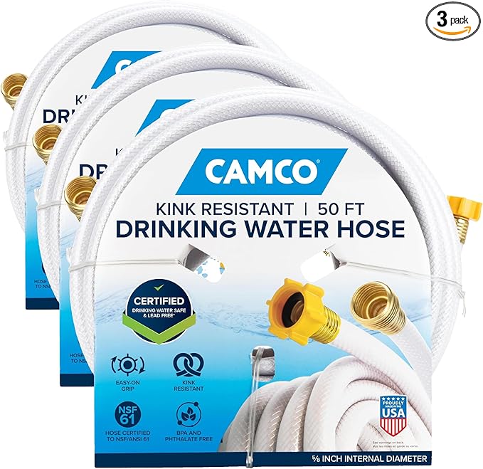 Camco TastePURE 50-Ft Water Hose-RV Drinking Water Hose Contains No Lead,No BPA&-No Phthalate-Features Diamond-Hatch Reinforced PVC Design-5/8” Inside Diameter,Made in the USA (22793),(Pack of 3)